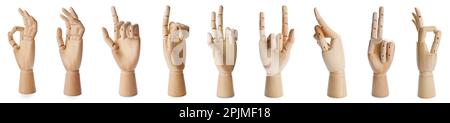 Placez les mains en bois de mannequins montrant différents gestes sur fond blanc. Bannière Banque D'Images