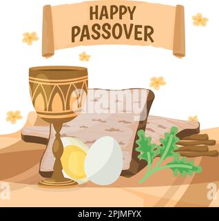 Fête juive Pâque, Pesach, carte de voeux avec icônes traditionnelles. Matzo, feuilles, symboles de la Pâque et icônes. Bonne Pâque. Illustration vectorielle Illustration de Vecteur