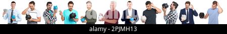 Collage avec photos d'hommes tenant des bancs de porc sur fond blanc. Bannière Banque D'Images