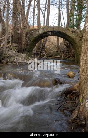 Petit pont rond en pierre avec de la mousse sur une petite rivière de montagne à écoulement rapide Banque D'Images