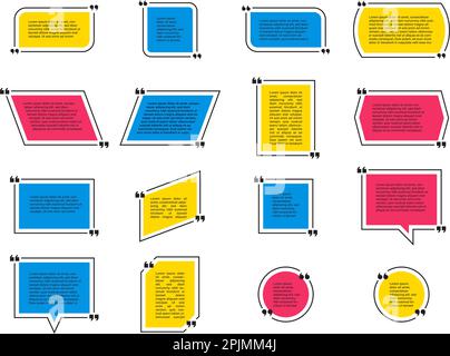 Ensemble de guillemets ou de bulles de style plat. Rectangle, formes de cercle. Couleurs jaune, bleu, rouge Remarque, éléments de bulle de devis, modèles. Discours texte Illustration de Vecteur