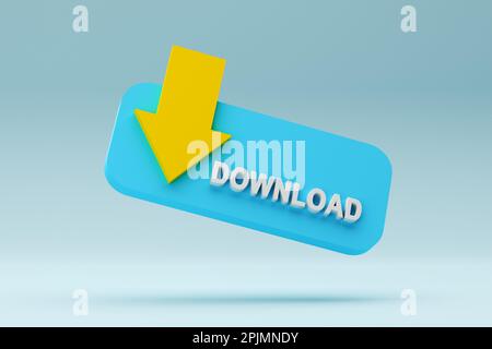 Concept de téléchargement de données. Le mot télécharger avec une icône de flèche sur une bannière de niveau sur fond bleu. 3D rendu. Banque D'Images