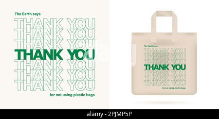 Pas de concept de sac en plastique. Réduire, réutiliser le concept. Typographie avec des mots - Earth dit merci de ne pas utiliser de sacs en plastique. Textile réutilisable ECO m Illustration de Vecteur