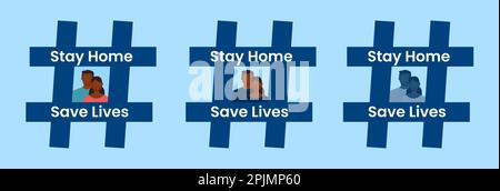Les peuples asiatiques ou arabes à l'intérieur de la balise de hachage ou de hashtag. Concept d'auto-isolation du coronavirus. Restez à la maison, sauver des vies a le concept de tag. Protection contre les virus c Illustration de Vecteur