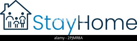 Texte « Stay at home » avec icône « House and couple ». Icône d'auto-isolation des personnes. Campagne de protection contre le coronavirus, COVID-19. Texte rester à la maison, balise de hachage. Illustration de Vecteur