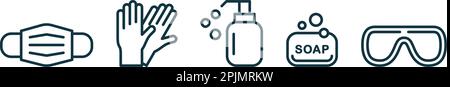 Icônes d'équipement de protection individuelle - masque médical, gants en latex, savon, distributeur, lunettes de protection. Coronavirus, covid 19 articles de prévention. Ligne, o Illustration de Vecteur