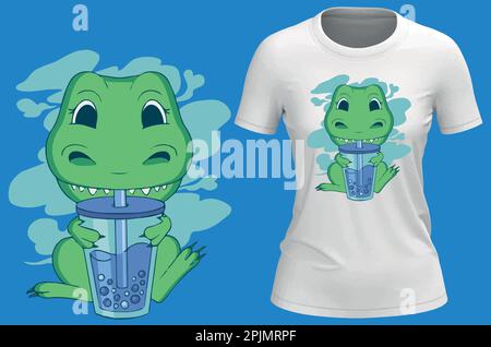 Dinosaure T-rex buvant du thé à bulles. Illustration vectorielle pour tshirt, sweat à capuche, site Web, impression, application, logo, clip art, affiche et impression à la demande Illustration de Vecteur