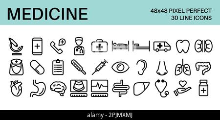 Icônes médicales. Jeu d'icônes de thème de médecine. L'ensemble comprend des organes humains, une ambulance, un médecin, une infirmière, un laboratoire, seringue, diagnostic, patient, lit, urgence ca Illustration de Vecteur