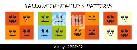 Ensemble de motifs sans couture halloween avec des visages comme le citrouille de cric, le vampire, le monstre. Motifs géométriques d'halloween à vecteur plat pour produits textiles ou pa Illustration de Vecteur
