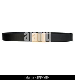 Ceinture en cuir pour homme tendance et attachée avec boucle en métal plaqué or isolée sur fond blanc. Banque D'Images