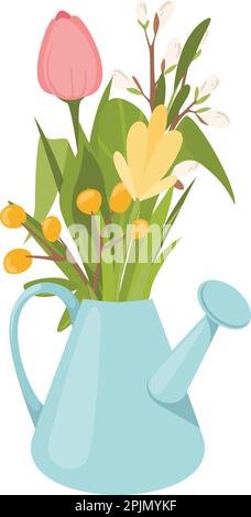 arrosoir avec un bouquet de fleurs de printemps Illustration de Vecteur