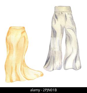 Pantalon femme, jupe aquarelle illustration isolée sur fond blanc. Tenue élégante pour femme, vêtements d'été dessinés à la main pour femme. Conception pour SH Banque D'Images