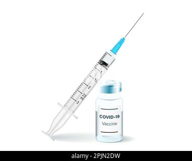 Seringue et flacon réalistes à usage médical. Applicable pour le covid 19, injection du vaccin coronavirus, illustration de la vaccination. Seringue en plastique avec Illustration de Vecteur