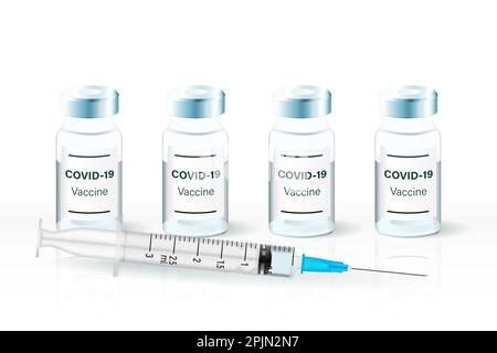 Seringue et flacons réalistes à usage médical et à usage unique. Applicable pour le covid 19, injection du vaccin contre le coronavirus, illustration de la vaccination. Illustration de Vecteur