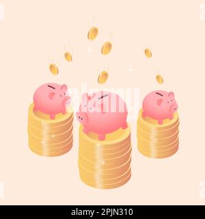 Trois tirelires ou caisses d'argent sur des piles de pièces. Style isométrique. Boîte de porc rose plate. Économie d'argent, investissement financier, revenu d'entreprise co Illustration de Vecteur