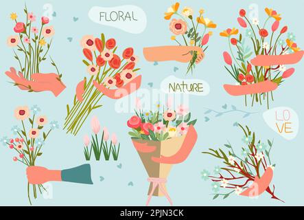 Bouquets de fleurs sauvages, de camomille, de coquelicots et de tulipe dans un tableau vibrant de teintes rouges, jaunes et violettes, sur fond bleu. Parfait pour diverses fêtes.Vector. Illustration de Vecteur