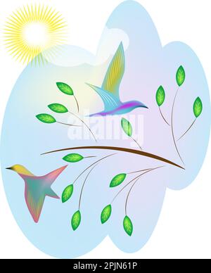 au printemps, deux oiseaux survolent une branche avec des feuilles vertes sous le soleil Illustration de Vecteur