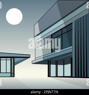 Maison et Lune Architecture résidentielle moderne, illustration abstraite à vecteur plat mise en page d'arrière-plan pour la bannière de la page d'arrivée ou la carte postale Illustration de Vecteur