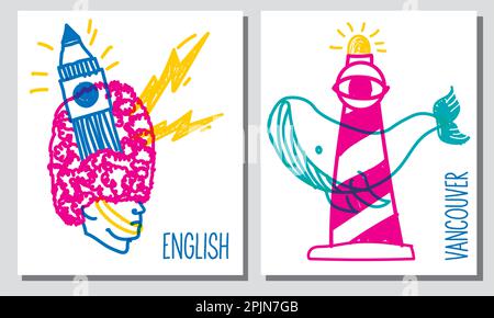 doodle illustration baleine et phare et garde du palais de bukingen Illustration de Vecteur