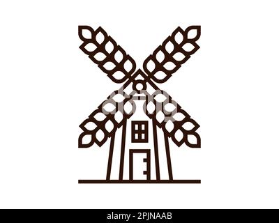 Icône du moulin à vent avec des lames comme épis de blé ou épis de blé. S'applique au logo de l'entreprise agricole et de boulangerie. Contour de l'icône ou du panneau du moulin à vent. Illustration vectorielle Illustration de Vecteur