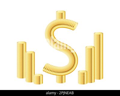 Signe de dollar 3d doré fait de pièces et de piles de pièces autour. Investissement, pertes financières, concept de coût financier. Illustration vectorielle Illustration de Vecteur