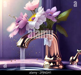 L'eau coule du robinet de près avec des fleurs printanières Banque D'Images