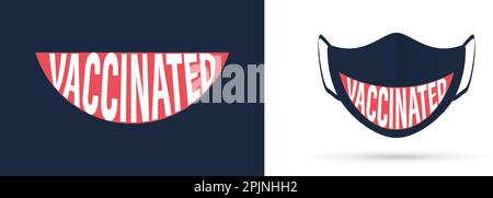 Masque de protection contre les virus avec imprimé sourire. Mot vacciné. Modèle de masque de face isolé. Modèle de protection réaliste, maquette. rendu 3d. Vecteur il Illustration de Vecteur