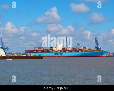 Harwich, Essex, Royaume-Uni - 3 avril 2023 : journée de printemps sur la côte. Maersk Emma quitte le port. Banque D'Images