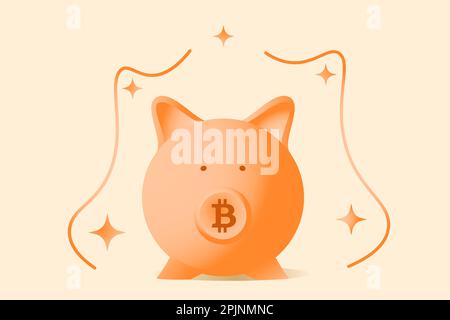 Tirelire ou caisses sur fond isolé. Épargne Bitcoin, concept d'investissement de la crypto-monnaie. Boîte de porc rose plate. Économies d'argent, inv. Financières Illustration de Vecteur