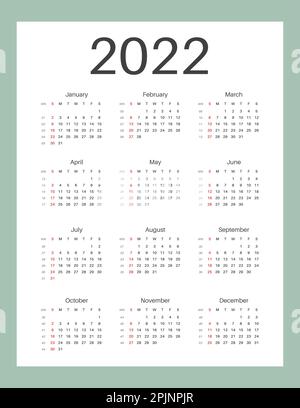 Calendrier 2022.Début de la semaine du dimanche.Format lettre.Mise en page horizontale de l'album.Modèle de calendrier imprimable pour les planificateurs.Numéro de semaine.Typographie de style grunge Illustration de Vecteur