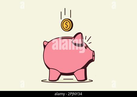 Tirelire avec pièce de monnaie tombant à l'intérieur de la fente. Contour du symbole de la banque de porc. Économies d'argent, planification budgétaire, dépôt bancaire, investissement, planification financière co Illustration de Vecteur