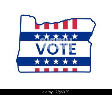 autocollant de vote pour les élections de mi-mandat de 2022. Carte de l'état de l'Oregon avec mot de vote. Carte DE l'état DES ÉTATS-UNIS. Silhouette de l'Oregon avec étoiles et rayures de drapeau américain. Vecteur Illustration de Vecteur