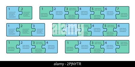 Infographies des étapes. Définir les pièces du puzzle. Deux, trois, quatre, cinq, six et sept éléments de puzzle. Processus, infographies de flux de travail, éléments de plan. PR Illustration de Vecteur