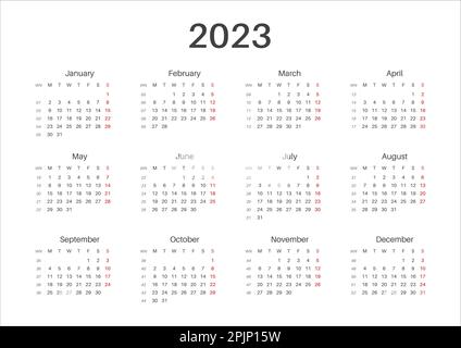 calendrier de 2023 ans. Calendrier mensuel. a4 taille horizontale. Imprimable. Début lundi. Design simple et minimaliste. Vecteur Illustration de Vecteur