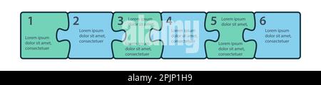 Infographies des étapes. Séquence de casse-tête. Six éléments de puzzle. Processus, infographies de flux de travail, éléments de plan. Éléments du tableau de présentation. Vecteur illust Illustration de Vecteur
