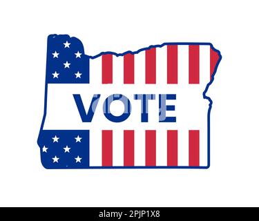 autocollant de vote pour les élections de mi-mandat de 2022. Carte de l'état de l'Oregon avec mot de vote. Carte DE l'état DES ÉTATS-UNIS. Silhouette de l'Oregon avec étoiles et rayures de drapeau américain. Vecteur Illustration de Vecteur