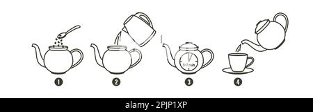 Instructions de préparation du thé ou du café. Icônes du thé, de la préparation du café et du processus de préparation du café. Instructions relatives à la préparation pour boissons chaudes. Symboles tasse, tasse, bouilloire, théière. Comment faire chaud Illustration de Vecteur