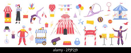 Illustration du vecteur de l'ensemble de cirque. Caricaturiste isolé et clown, acrobat et mime, artistes du spectacle de carnaval magique en costumes et équipement de cirque, tente chapiteau dans une jolie collection amusante Illustration de Vecteur