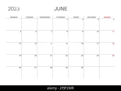 Calendrier mensuel horizontal. Modèle de calendrier de juin. Début lundi. Taille A4. Design simple et minimaliste. 2023 ans. Planificateur mensuel. Vecteur Illustration de Vecteur