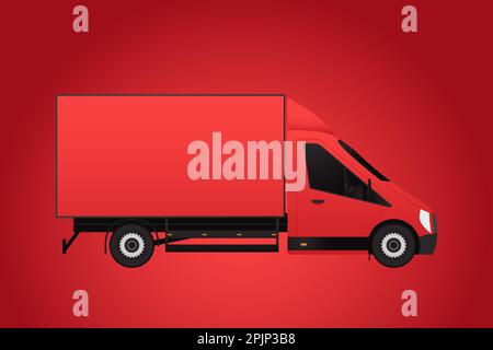 Camion rouge pour service de fret sur fond rouge. Transport, service de livraison. Chariot avec conteneur. Illustration du fourgon. Illustration vectorielle. Illustration de Vecteur