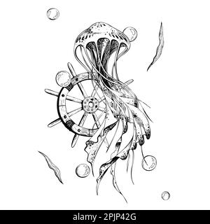 Méduses de mer avec roue de navire, algues et bulles d'eau, composition isolée sur fond blanc main dessinée dans le style graphique. Vecteur EPS Illustration de Vecteur