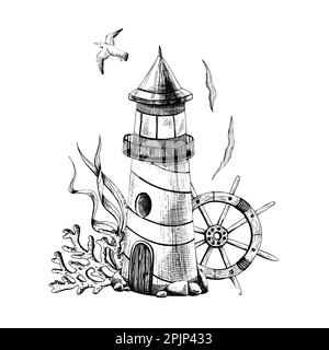 Phare avec coraux, algues, gouvernail et mouette volante, objet isolé sur fond blanc, dessiné à la main dans un graphique. Vecteur, marin Illustration de Vecteur