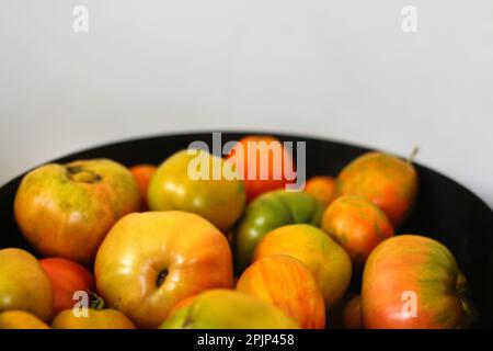 Collecte des tomates en gros plan. Tomates sur fond blanc. De belles tomates mûres rouges, jaunes, vertes dans un seau. Jardinage et récolte conce Banque D'Images