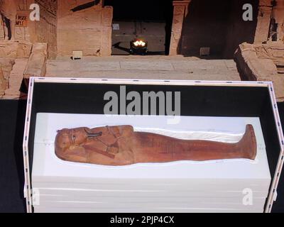 Paris, France. 03rd avril 2023. Le sarcophage de Ramses II est exposé dans la Grande Halle de la Villette dans une caisse de transport. L'important dirigeant de l'Égypte antique sera exposé à Paris dans le cadre de l'exposition itinérante « Ramses et l'Or des pharaons ». Credit: Sabine Glaubitz/dpa/Alay Live News Banque D'Images