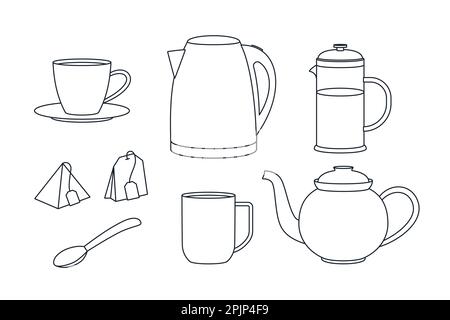 Ensemble d'appareils pour préparer et boire du thé. Bouilloire, cafetière, théière, cuillère à café et tasse. Presse française vide et pleine. Illustration vectorielle Illustration de Vecteur