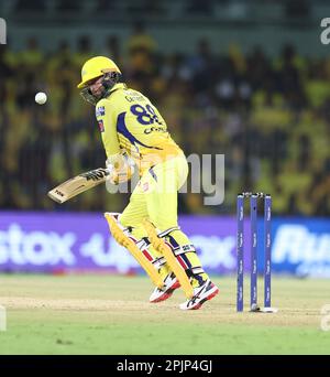 Chennai, Inde, 03/04/2023, match No 6 : TATA IPL 2023: CSK vs LSG : Chennai Super Kings vs Lucknow Super Giants : MSD de CSK au stade MAC de Chennai.CSK a obtenu 217 points pour 7 sur 20 overs. Devon Conway Banque D'Images