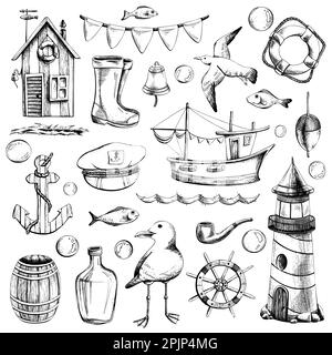 Ensemble nautique d'illustrations isolées sur un fond blanc d'un phare, d'un bateau, d'une maison de pêcheur, de mouettes, d'une ancre, un gouvernail et une bouée de sauvetage Illustration de Vecteur