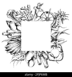 Cadre carré nautique, gabarit avec cheval de mer dessiné à la main, méduse, coraux, coquillages, ancre et gouvernail, isolé sur fond blanc. Vecteur Illustration de Vecteur