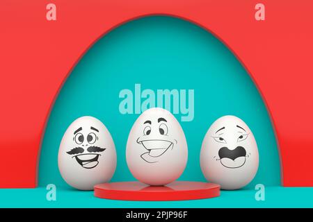 Ferme des oeufs de poulet blanc avec des expressions et visage drôle sur le podium debout dans la ligne sur fond vert. 3d concept de rendu d'une scène murale minimale pour mo Banque D'Images