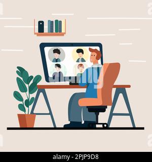 Concept de travail à distance. Les professionnels participent à une vidéoconférence avec les membres de l'équipe pour un briefing en ligne et participent à une réunion de groupe avec des collègues. Illustration vectorielle de style plat Illustration de Vecteur